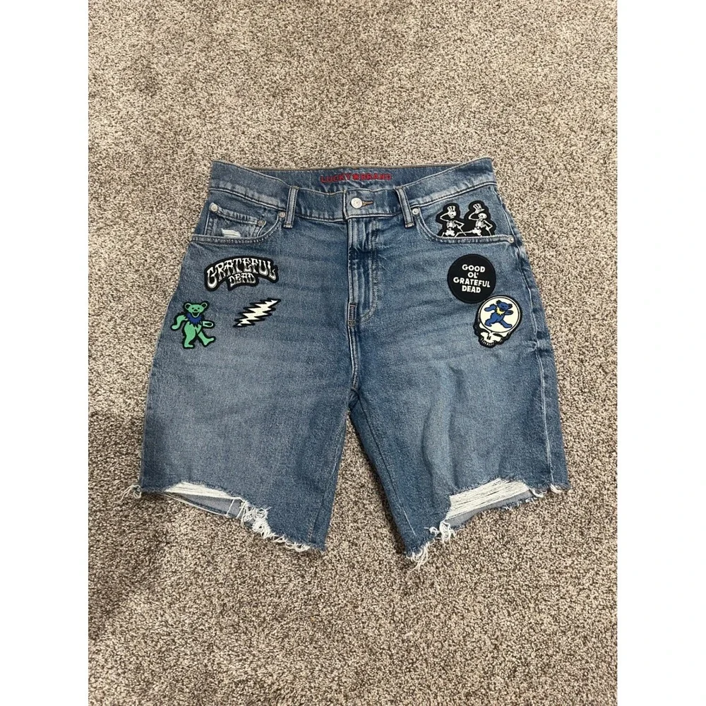 Lucky Brand Grateful Dead Denim Shorts Mens 30 Blue Patches Band Cutoff Raw Hem